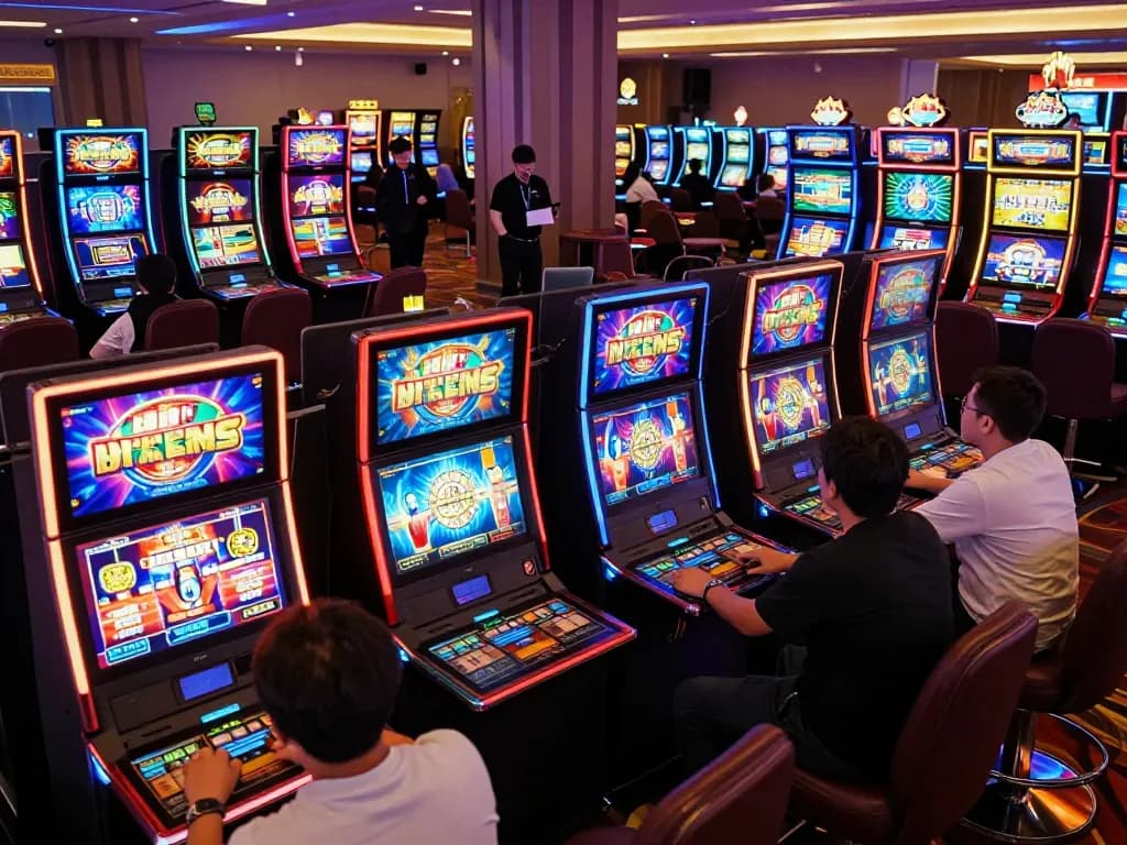 Players enjoying vibrant slot machines at situs slot gacor, capturing the excitement of casino entertainment.