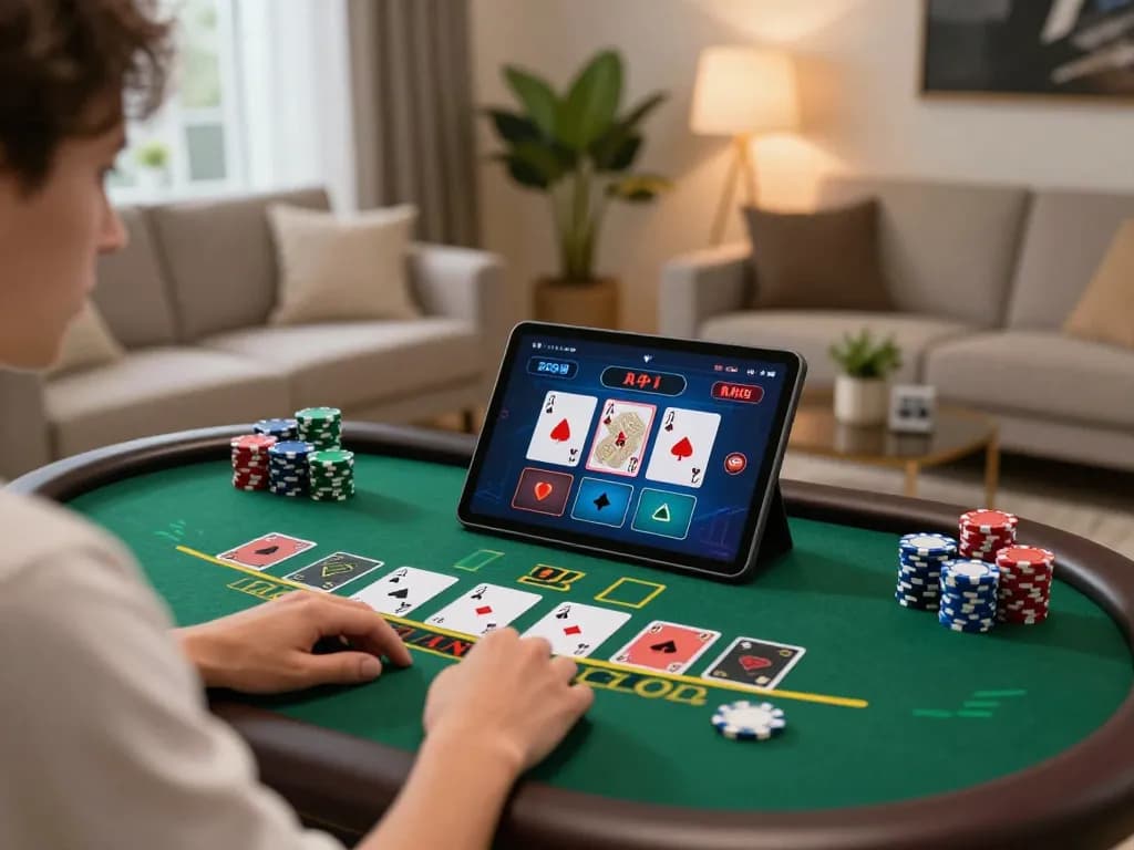 Player engaging in live dealer blackjack at home with w188 casino app while managing their bets.