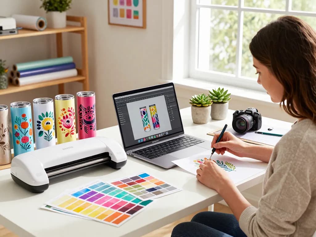 Engaged crafter working on colorful tumbler designs using the cricut svg bundle in a bright workspace.