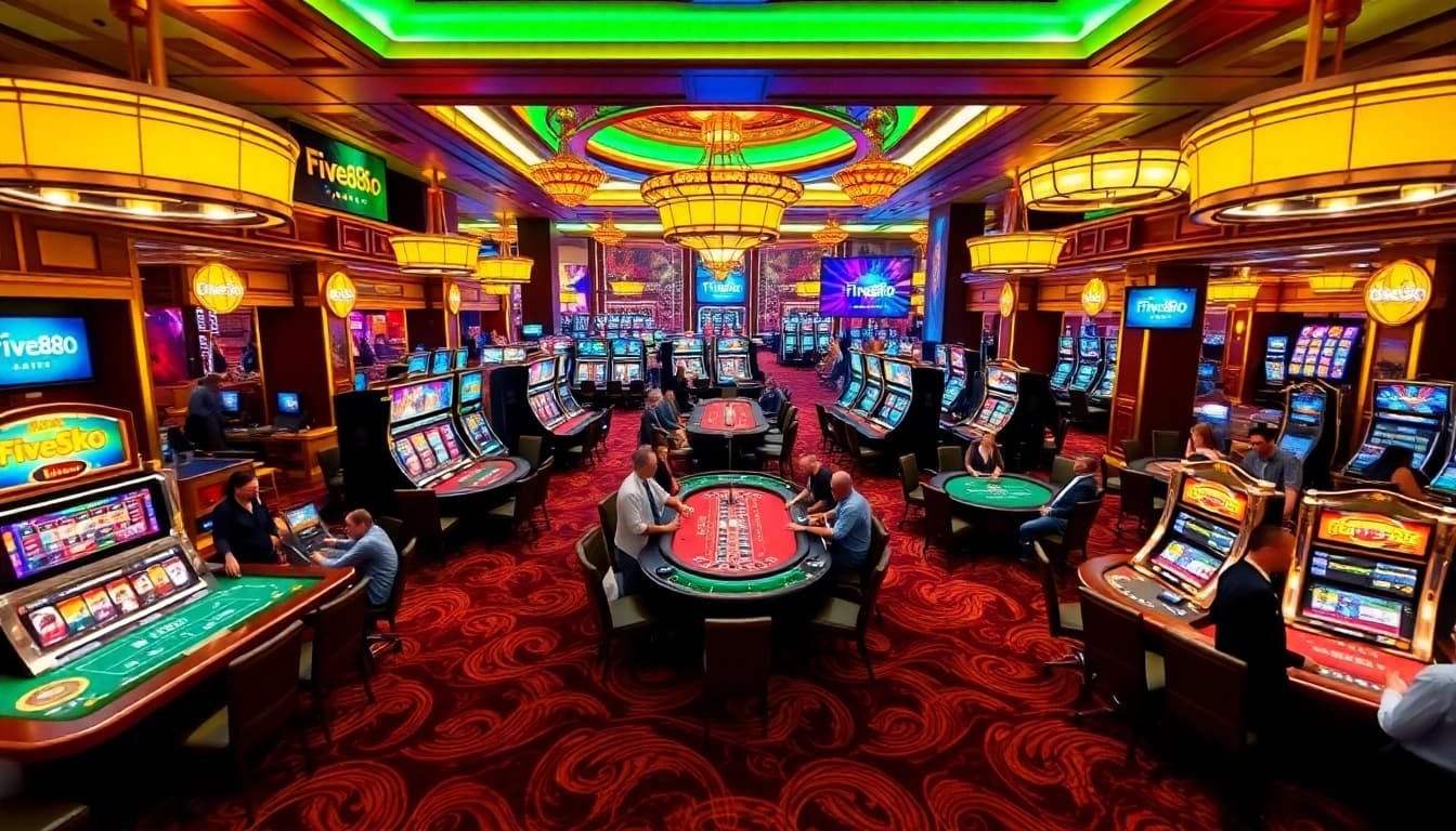 Experience the excitement of gambling at Five88.foo with vibrant casino tables and slot machines.