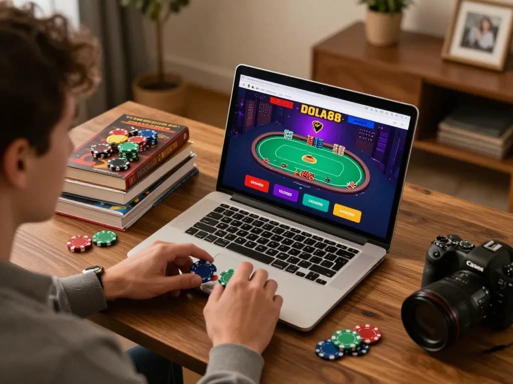 DOLA88 player strategizing at home with chips and poker game interface.