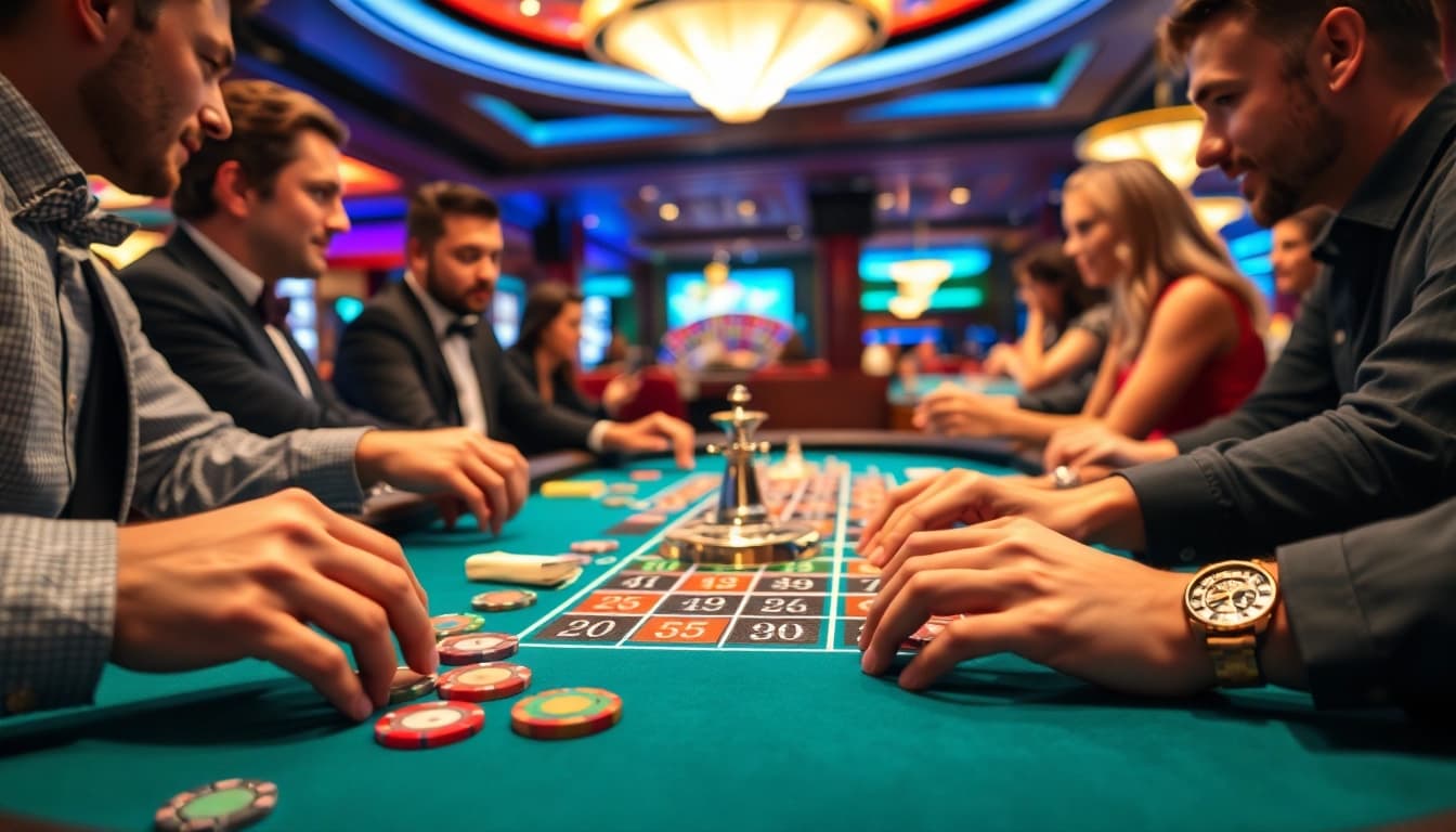 Spielen Sie casino online spiele an einem lebhaften Roulettetisch mit Fokus auf Interaktion.
