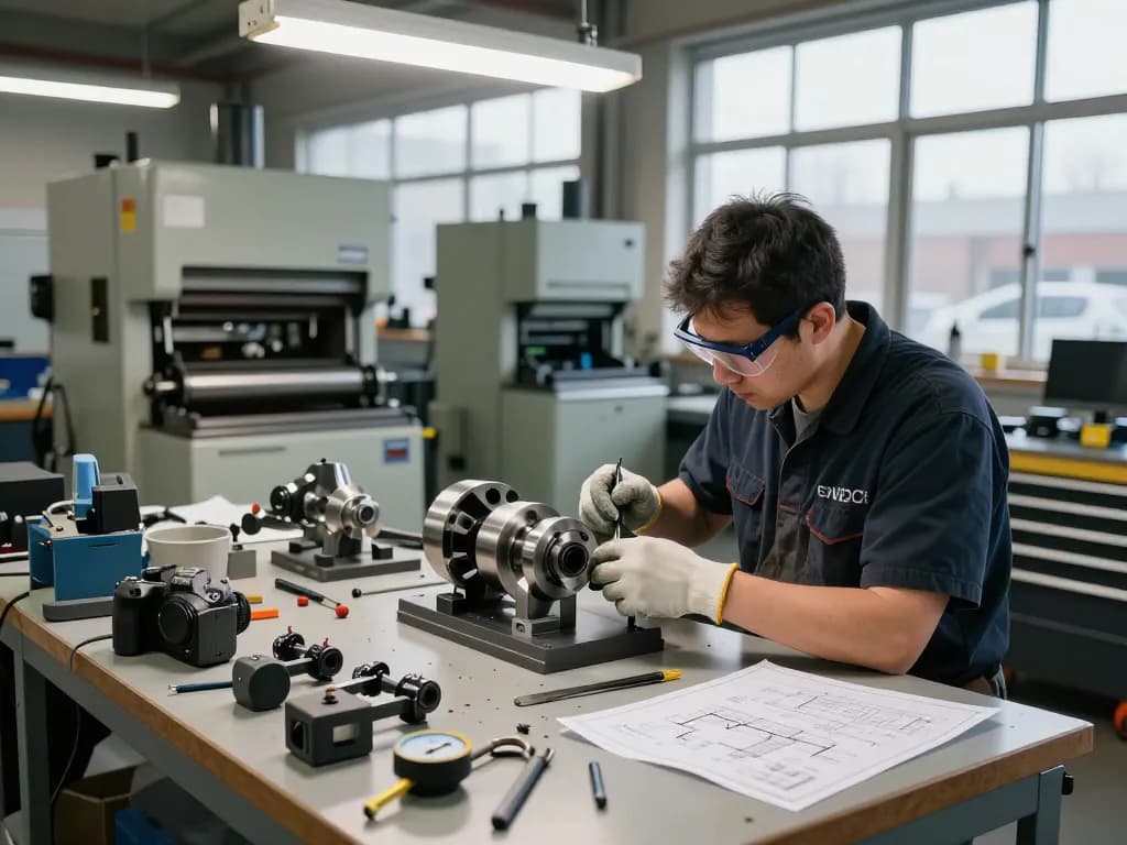 Tehnician examinează componentele arcurilor torsiune într-un atelier industrial, evidențiind ingineria de precizie.