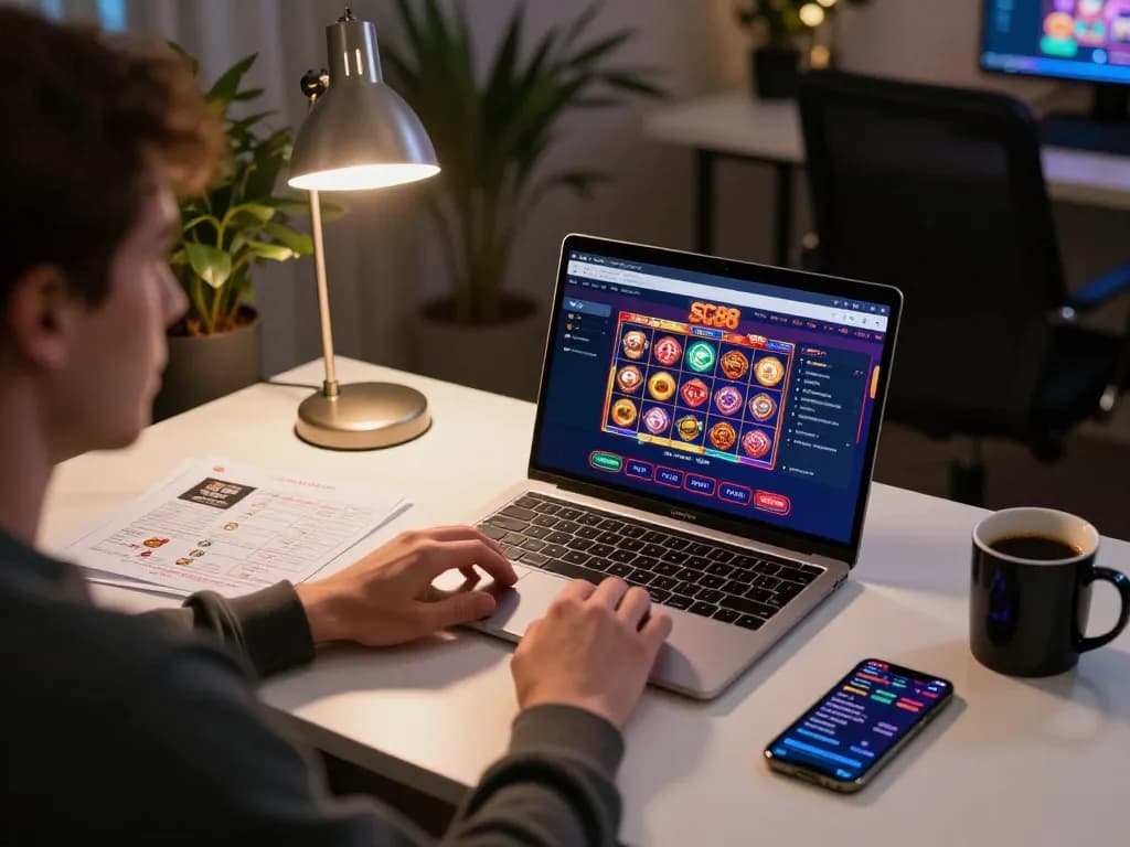 Players engaging with SC88 casino app on a stylish gaming setup, displaying vibrant online slots.