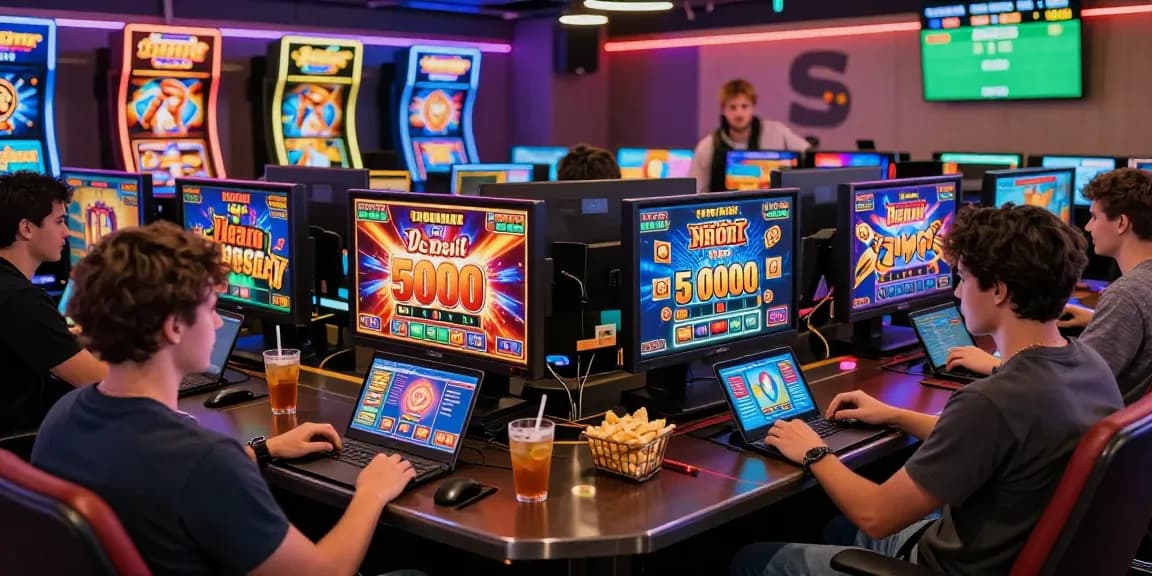 Exciting gaming scene showcasing players engaging in slot depo 5000 games in a vibrant online casino.