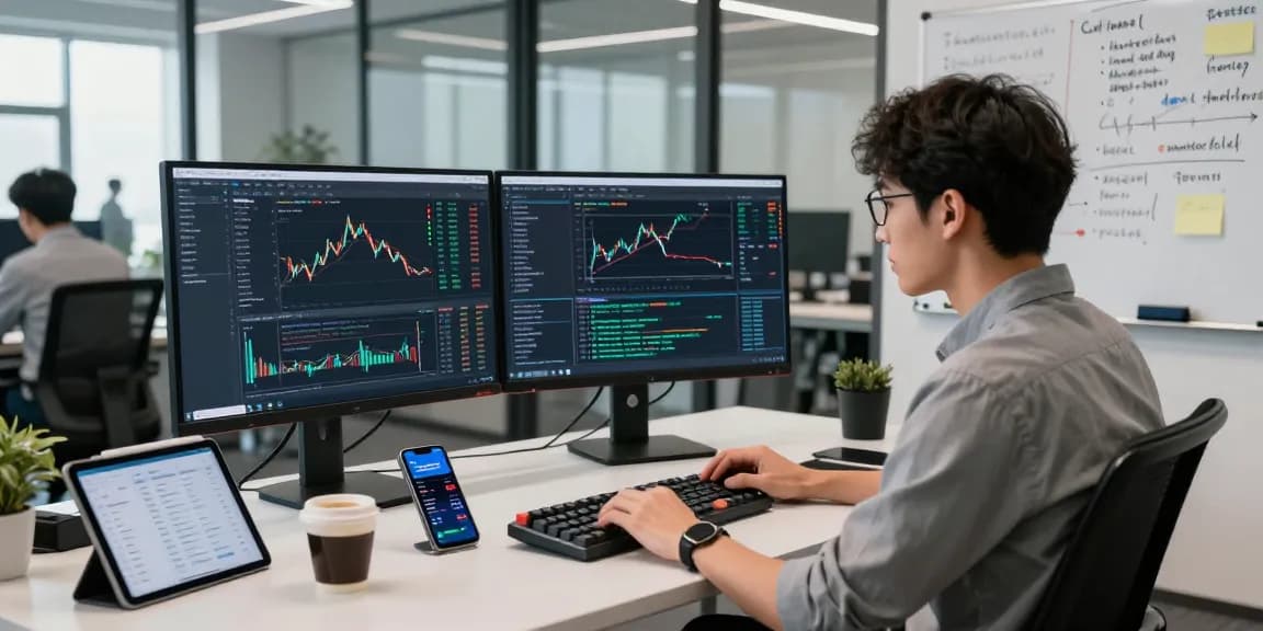 The developer utilizing the Taiwan stock backtesting API in a modern office environment, focusing on financial data analysis.