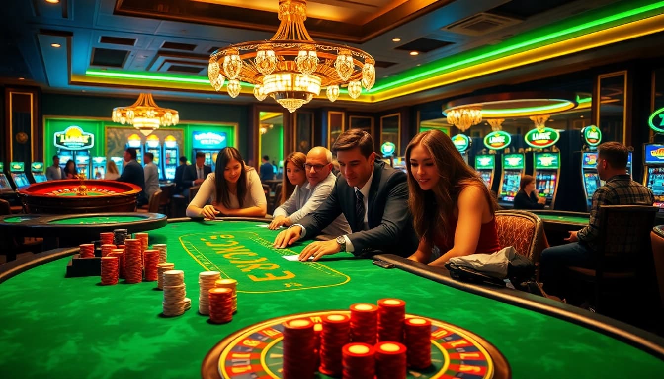 Người chơi LUCK8 và LUCKY8 đang tận hưởng một trò poker hấp dẫn trong bầu không khí sòng bạc sang trọng.