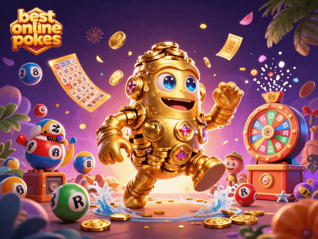 Experience the excitement of best online pokies with a dynamic golden golem surrounded by vibrant gaming elements.
