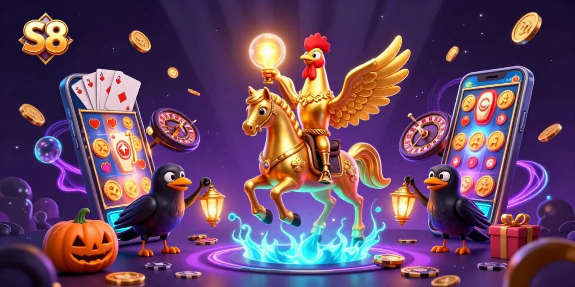 S8 players immerse in thrilling casino games with a golden rooster and his ghostly horse, amidst spinning slots and dazzling coins.