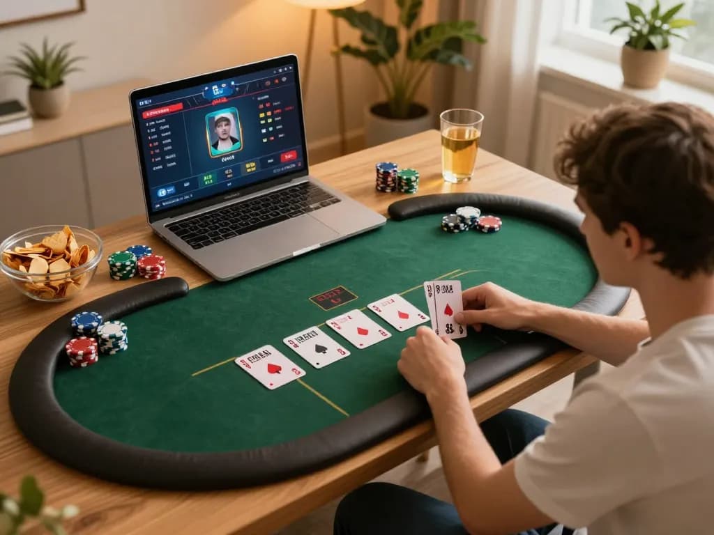 Playing an engaging poker game at home using atq com, with laptop displaying betting options and cozy setting.