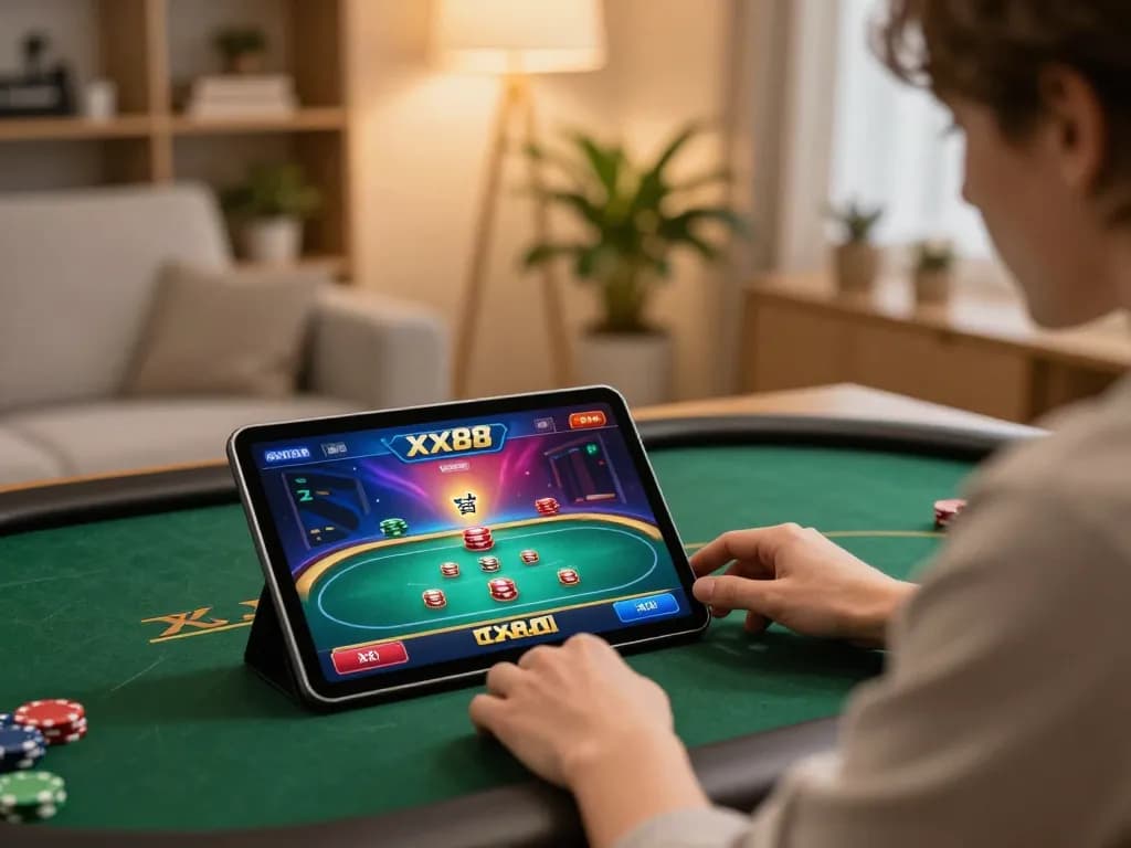Player enjoying online gambling at xx88 platform on tablet in a cozy home setting