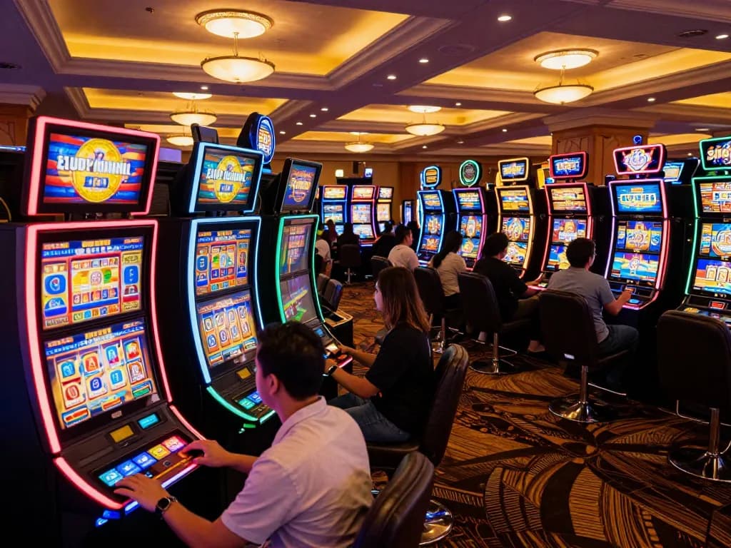 Players experiencing the excitement of slot6000 in a luxury casino atmosphere with vibrant machines.