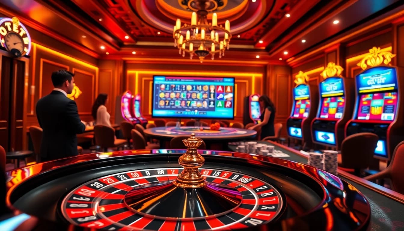 L'excitation d'un casino en ligne vibrant avec des tables de poker, des roues de roulette et des joueurs animés.