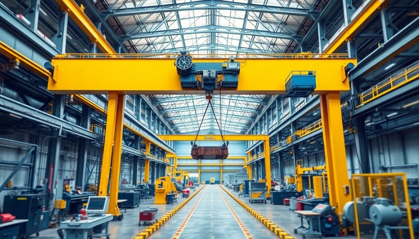 Bridge crane lifting a heavy load in a bustling factory environment, showcasing industrial efficiency.