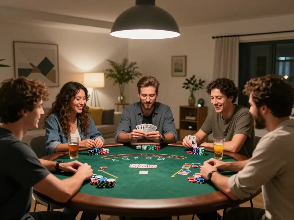 Friends enjoying an exciting blackjack game at home, king33-themed atmosphere with vibrant chips and cards.