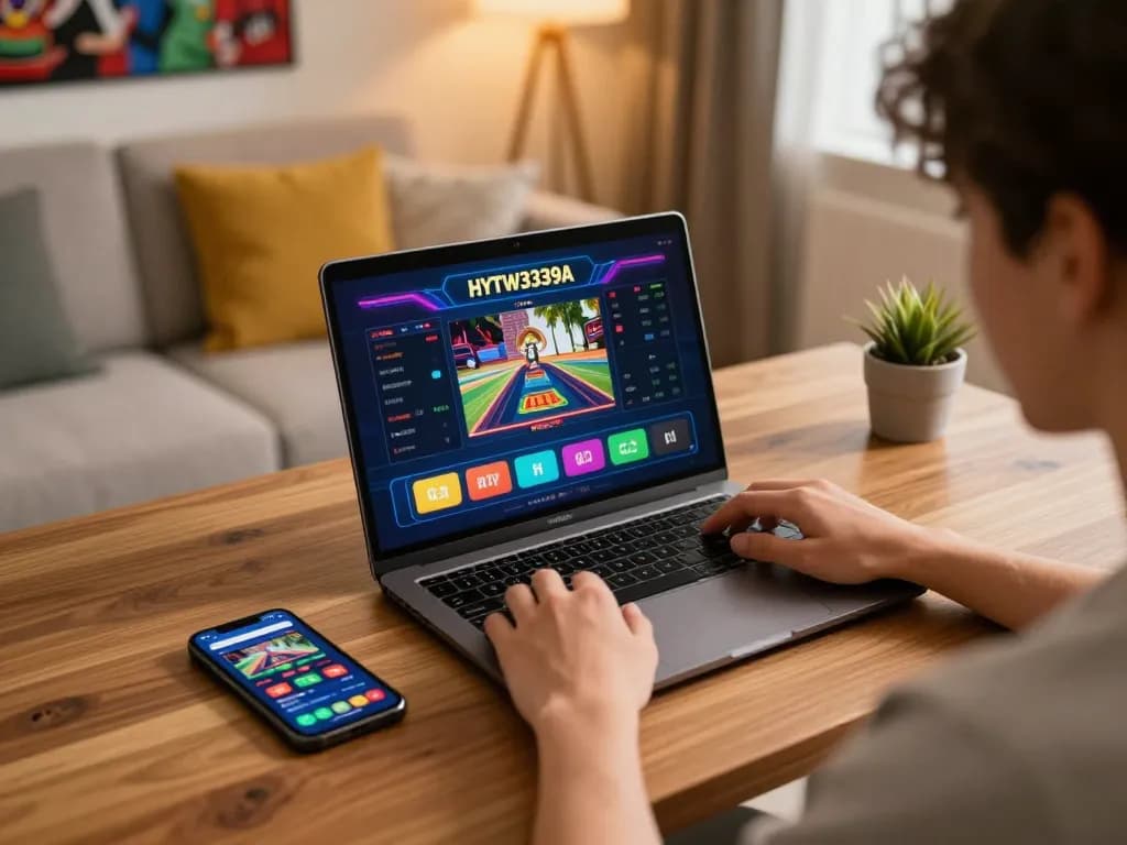 Player enjoying online slot games on HYTW3339A platform at home, showcasing excitement in a cozy setting.