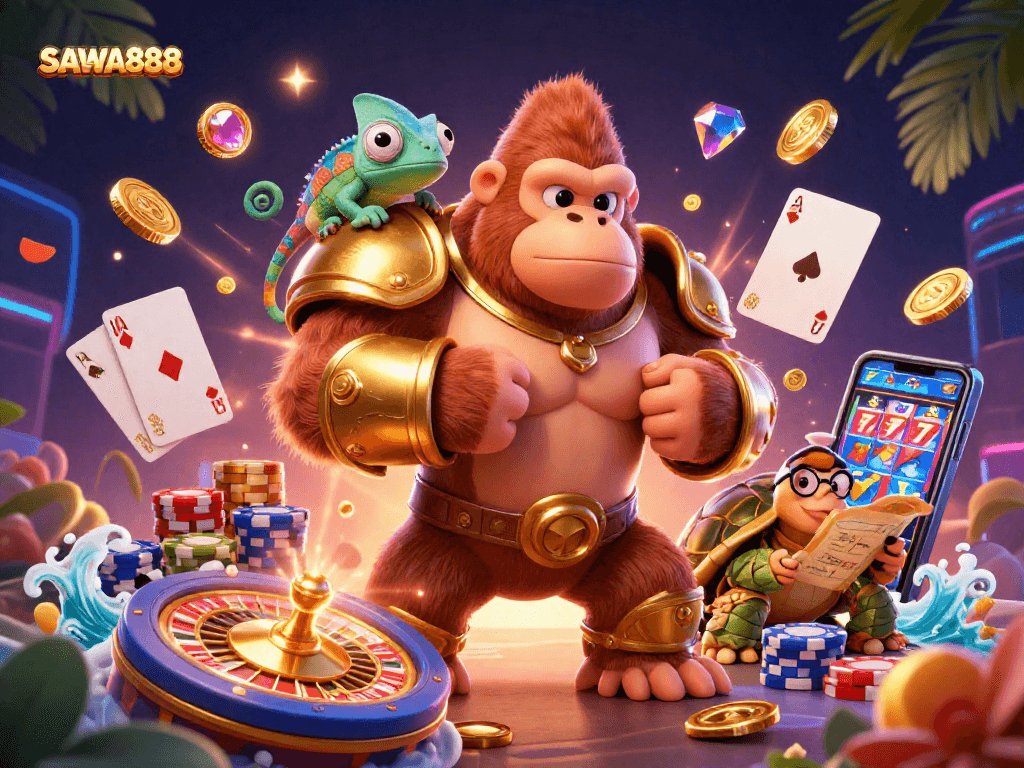 Engage in thrilling gaming action at SAWA888 with a dynamic casino scene showcasing exciting game elements.