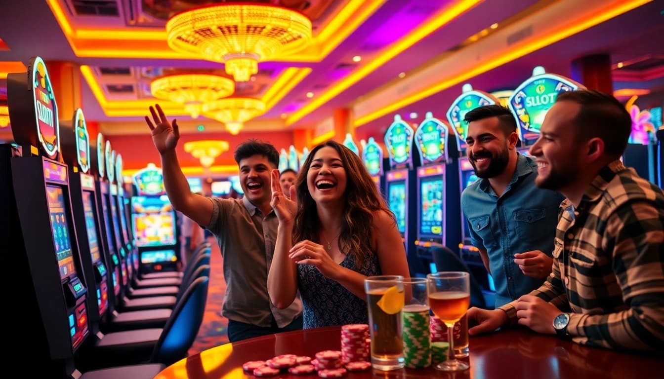 Slot77 gaming machines attract players in a vibrant casino environment.
