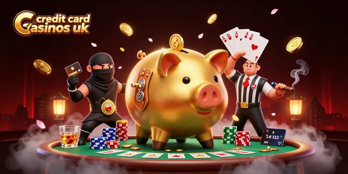 Visualize excitement at credit card casinos uk with a golden piggy bank sumo wrestler surrounded by action and games.