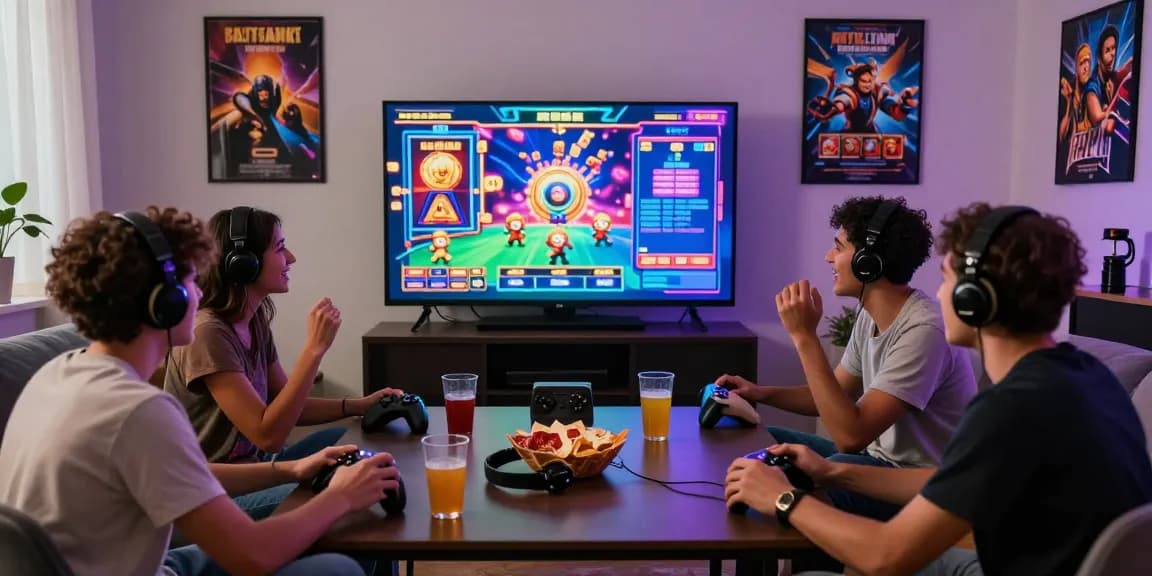 Group of friends playing slot777 online game in a vibrant living room.