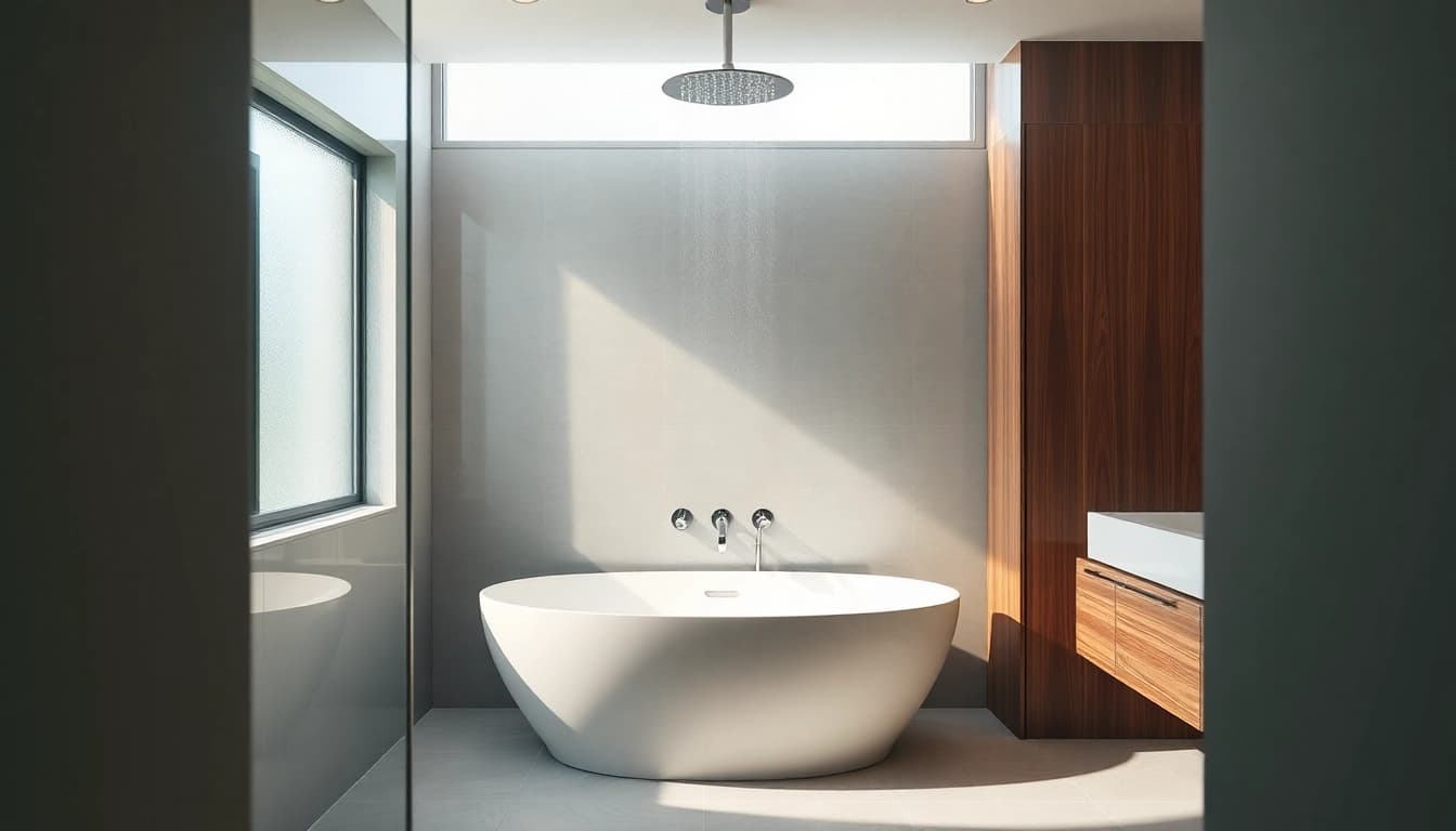 Highlighting elegant showers Australia, this modern bathroom features a stylish rain shower design complemented by minimalist decor.