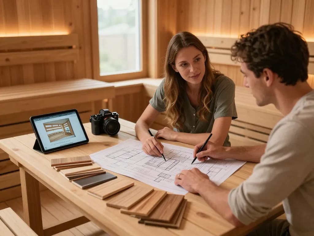 Discover sauna customization ideas with a couple reviewing designs and samples in a cozy setting.
