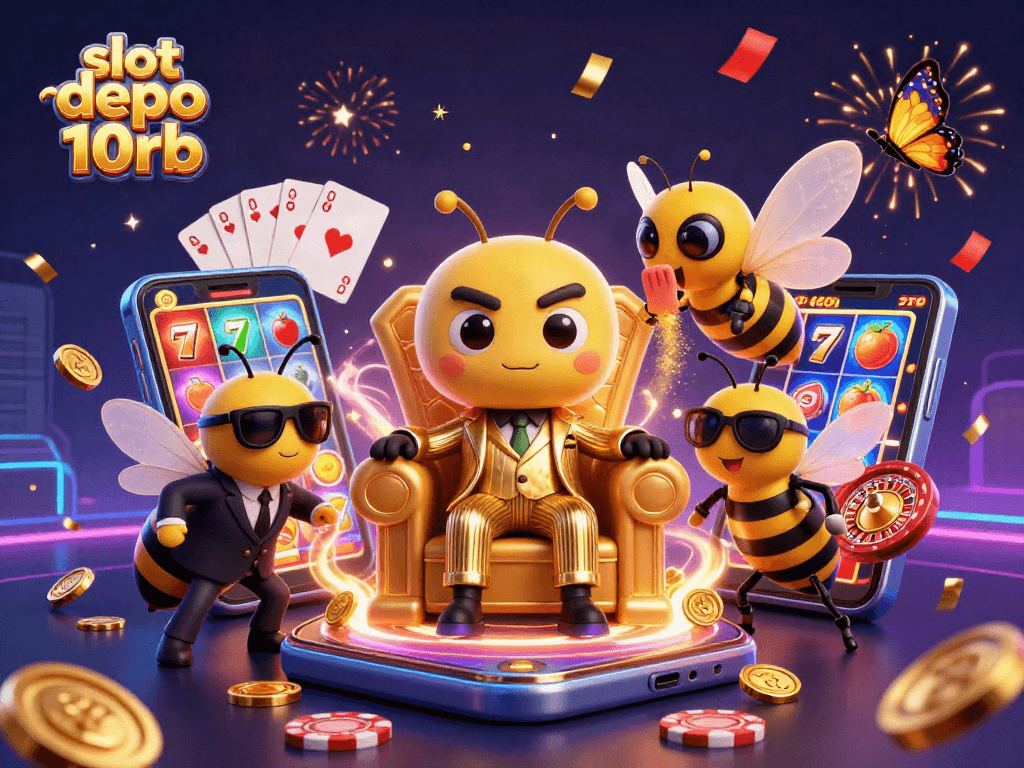 Experience excitement in slot depo 10rb with a vibrant 3D illustration depicting casino characters and slot game elements.