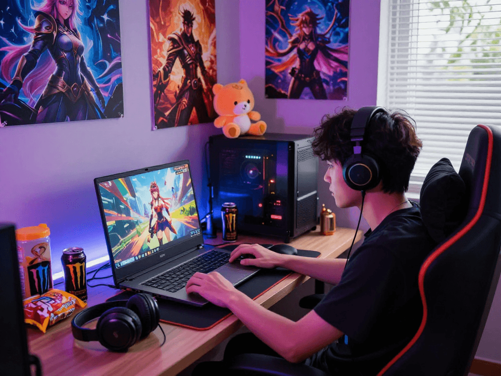 Engaged gamer enjoying a hentai game online in a cozy gaming nook.