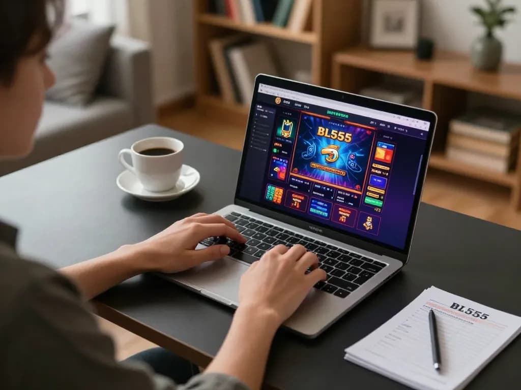 Engaged player using the BL555 online casino interface in a modern home setup, highlighting responsible gaming.