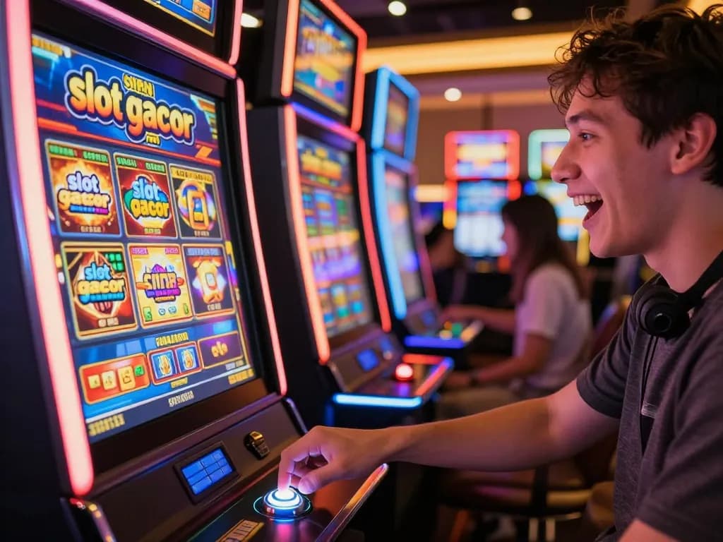 Exciting moment of pressing the spin button on a slot gacor machine in a vibrant casino atmosphere.