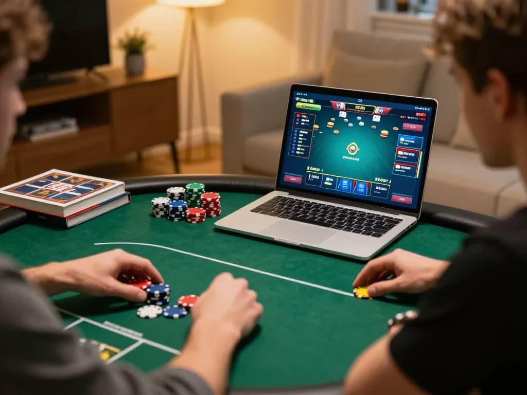 Player enjoying an online poker game at home on vipwin, surrounded by strategy notes and chips.