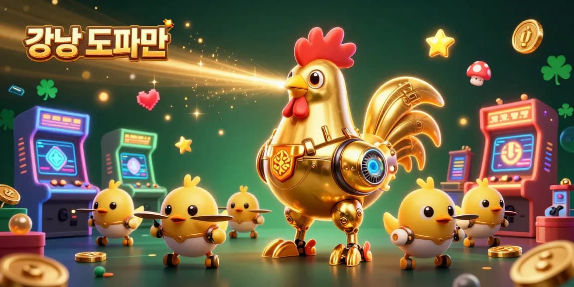 강남 도파민에서 레이저를 쏘는 로봇과 아기 병아리 드론들이 게임 기계와 함께하는 일러스트.
