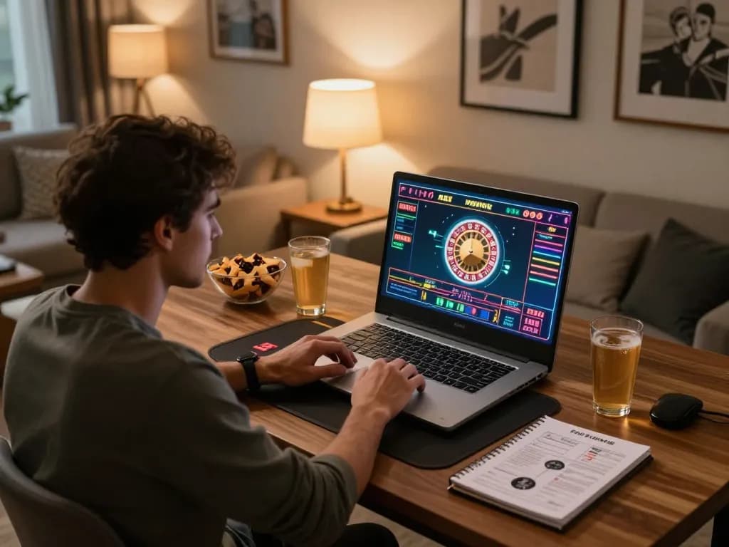 Player enjoying live dealer game at home on Sunwin platform, showcasing strategic online gambling.