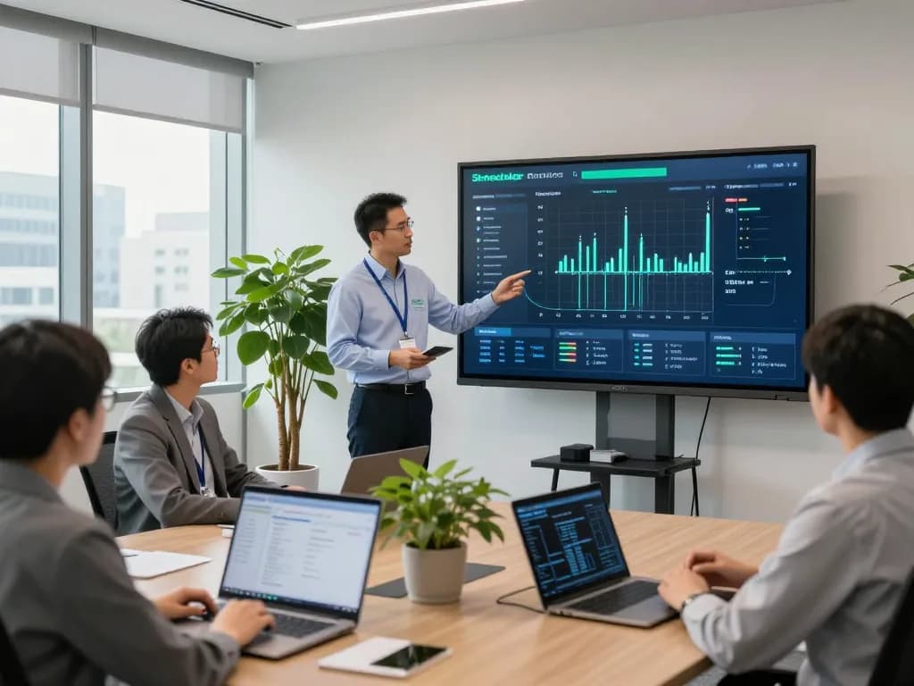Engineers showcasing Schneider Electric's smart grid technology in a modern office.