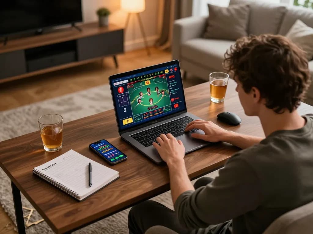 Engaging home gaming scene on a laptop while enjoying tg88 trang chủ strategies for better odds.