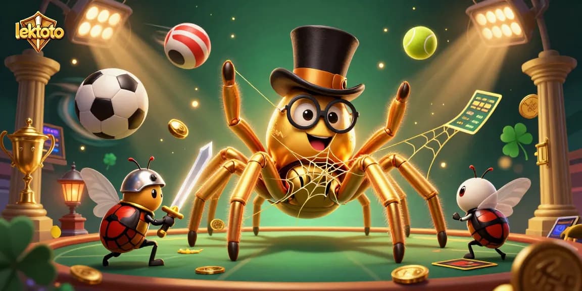 Engaging lektoto casino illustration featuring a golden tarantula and knight amidst dynamic sports elements.