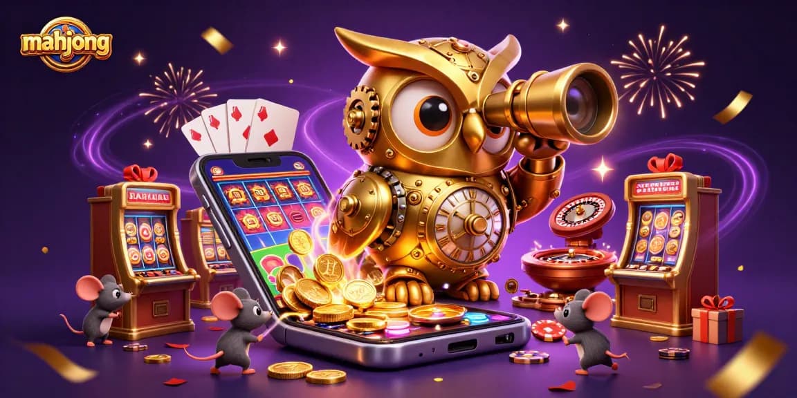 Play mahjong with a 3D cartoon golden owl overseeing brass slot machines in a vibrant casino scene.