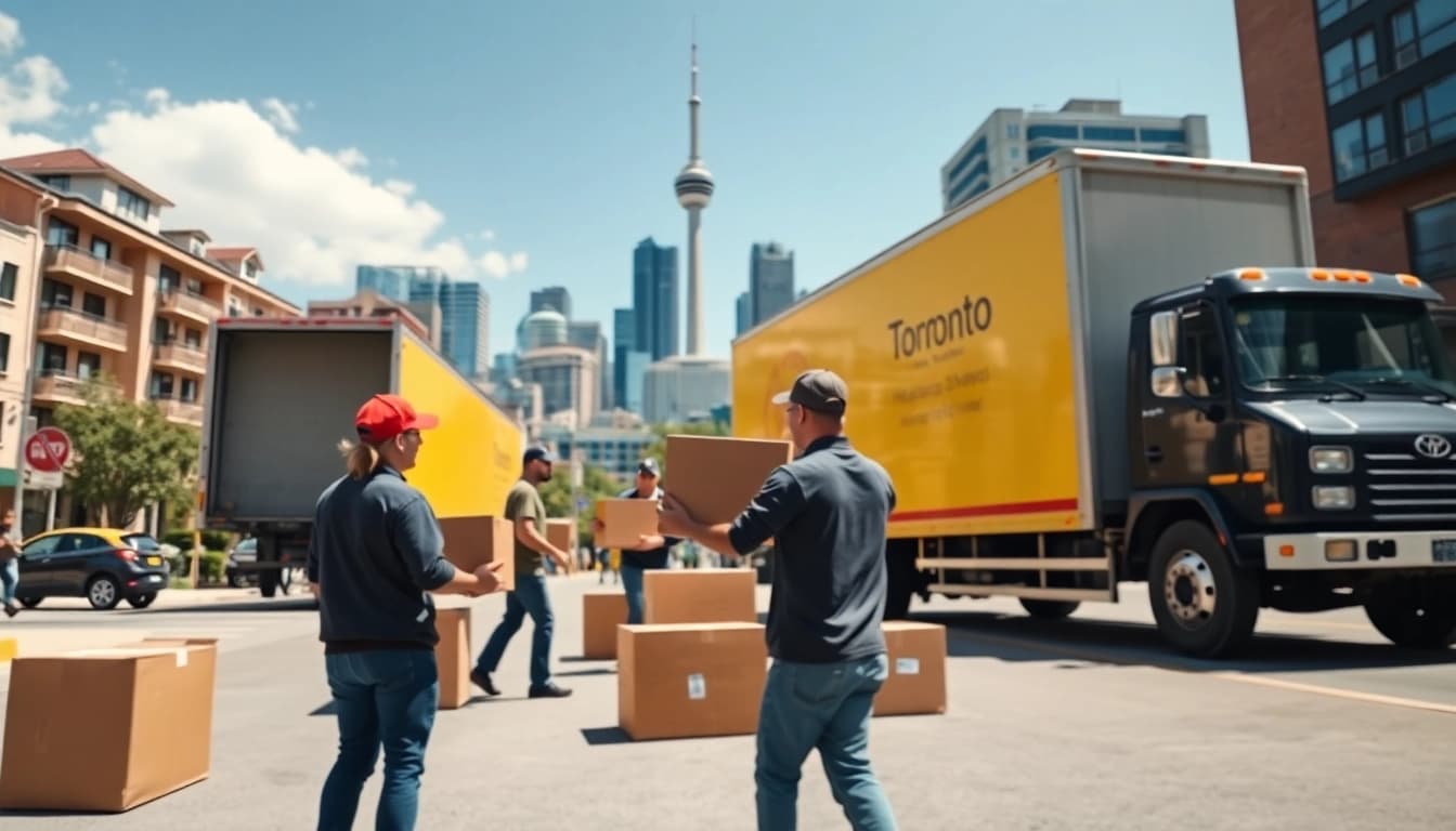 Toronto movers efficiently unloading boxes in a bright city setting, showcasing teamwork.