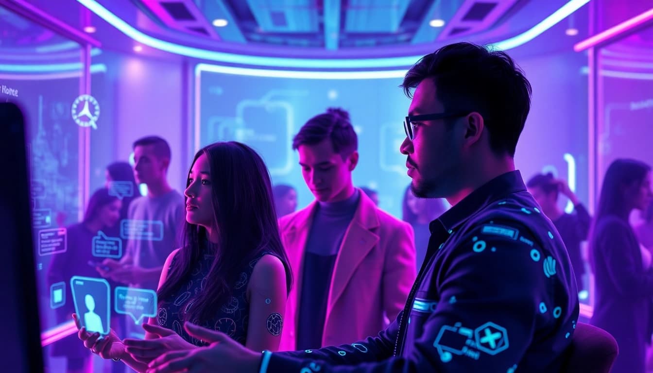 Immersive digital scene showcasing characters in a vibrant sex chat ai platform, emphasizing emotional connection.