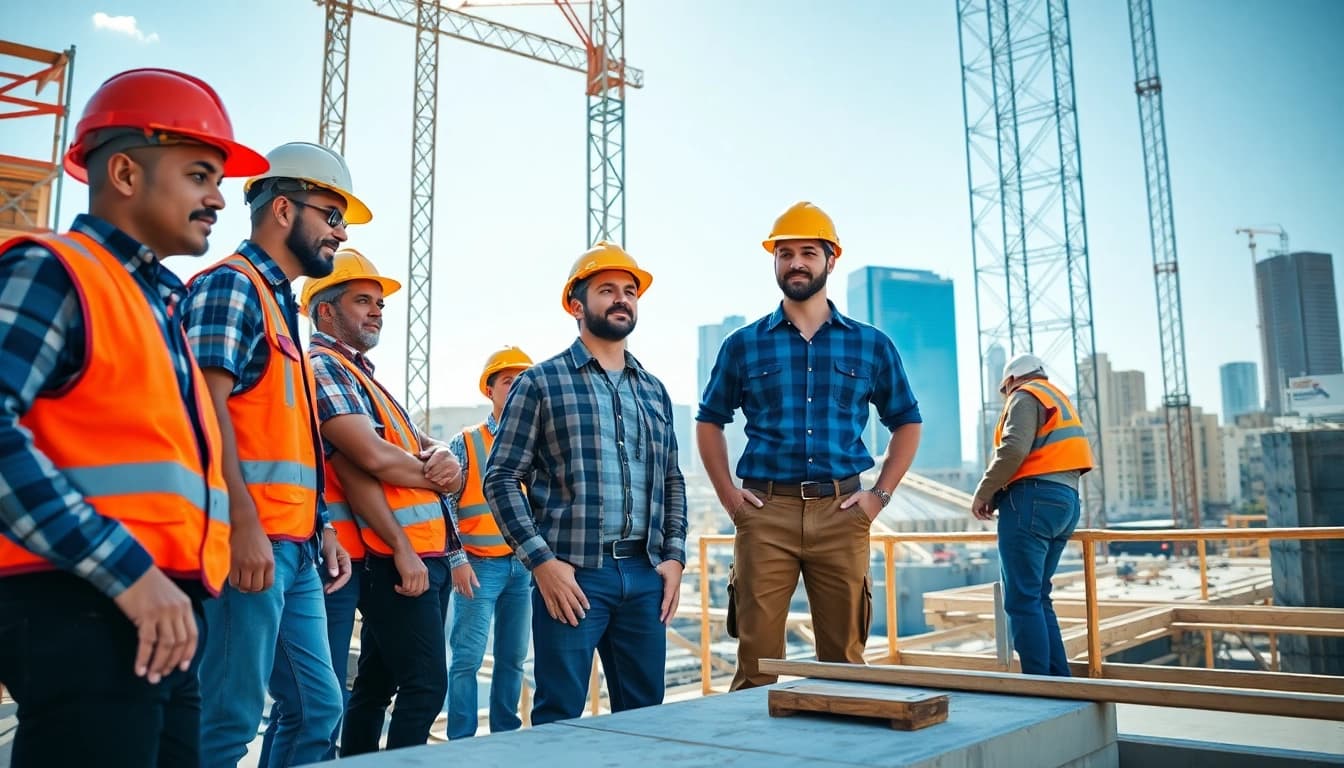 Engaged professionals collaborating on Austin construction project with urban skyline in the background.