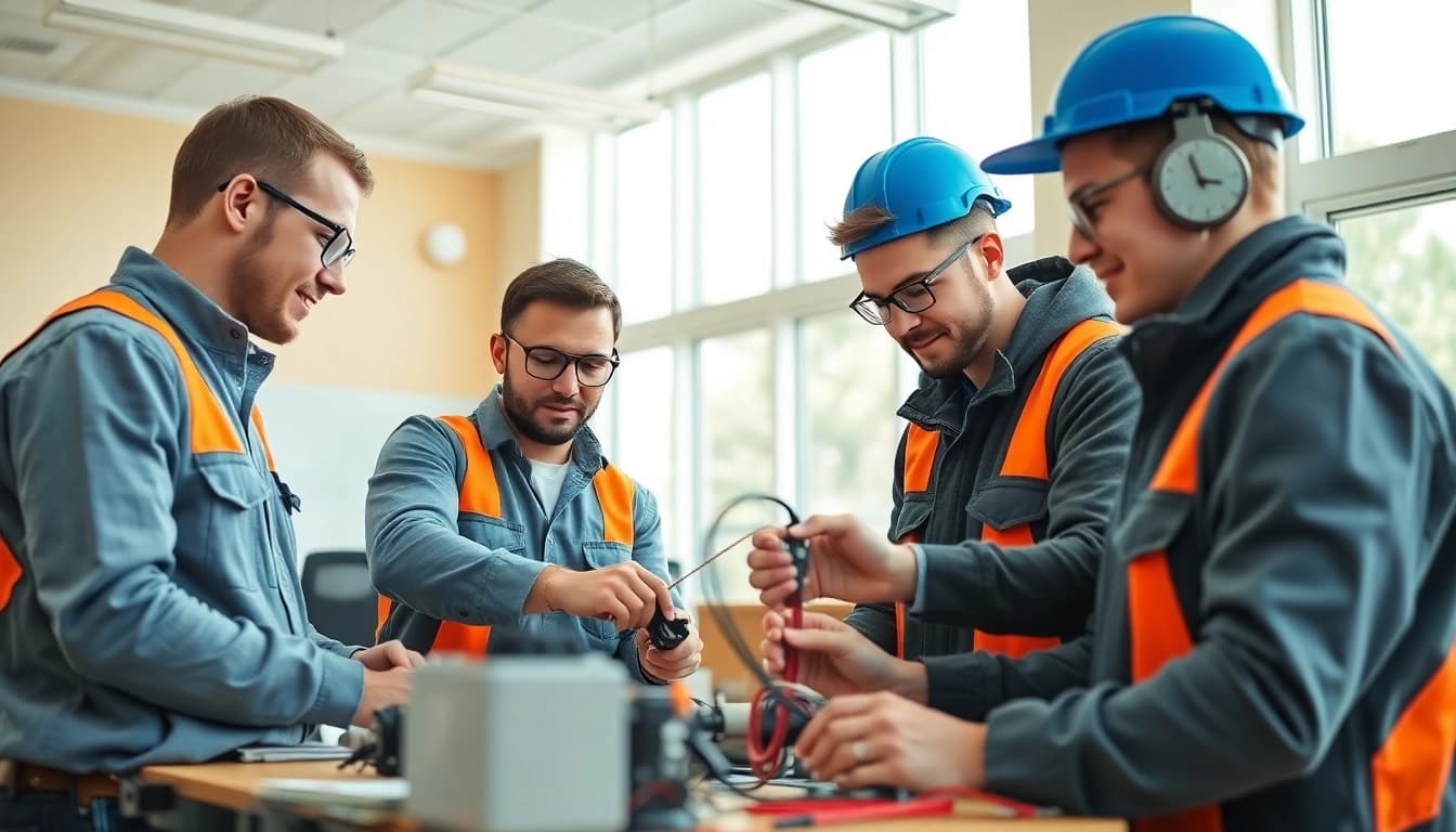 Engaged apprentices in electrician apprenticeship hawaii collaborating on a wiring project.