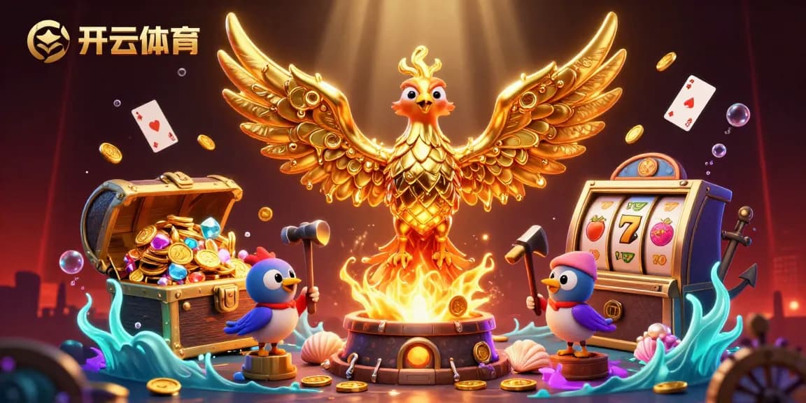 Engage with 开云体育, showcasing a golden phoenix and slot elements in an exciting online casino scene.