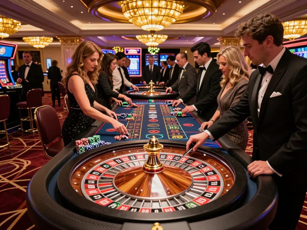 Rasakan permainan roulette yang mendebarkan di kasino hotelleonardvinci dengan warna-warna cerah dan pencahayaan dinamis.