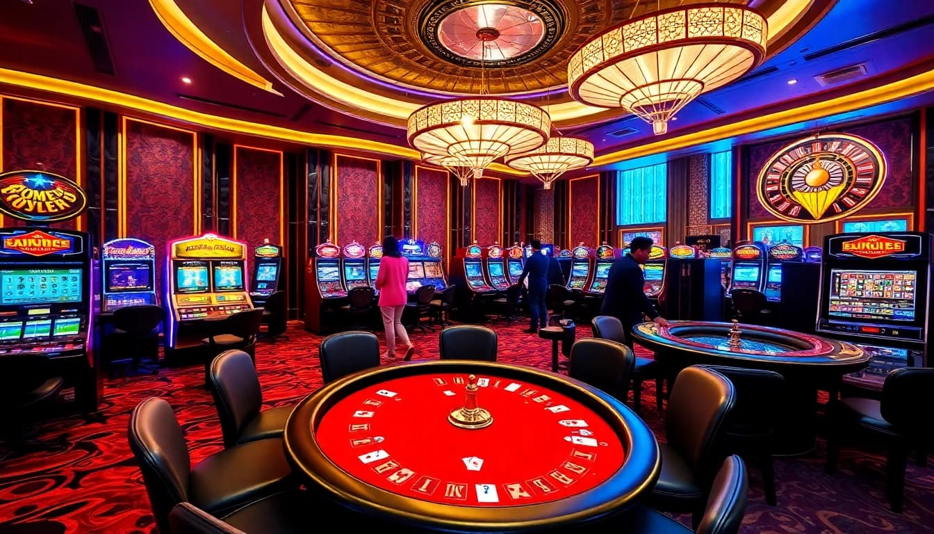 Para pemain menikmati permainan yang mendebarkan di kasino mewah yang menyoroti kegembiraan Utama4D Togel.