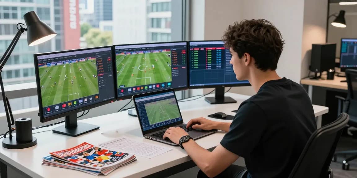 Male sports bettor analyzing tỷ lệ kèo nhà cái with multiple screens and betting materials in a modern office.