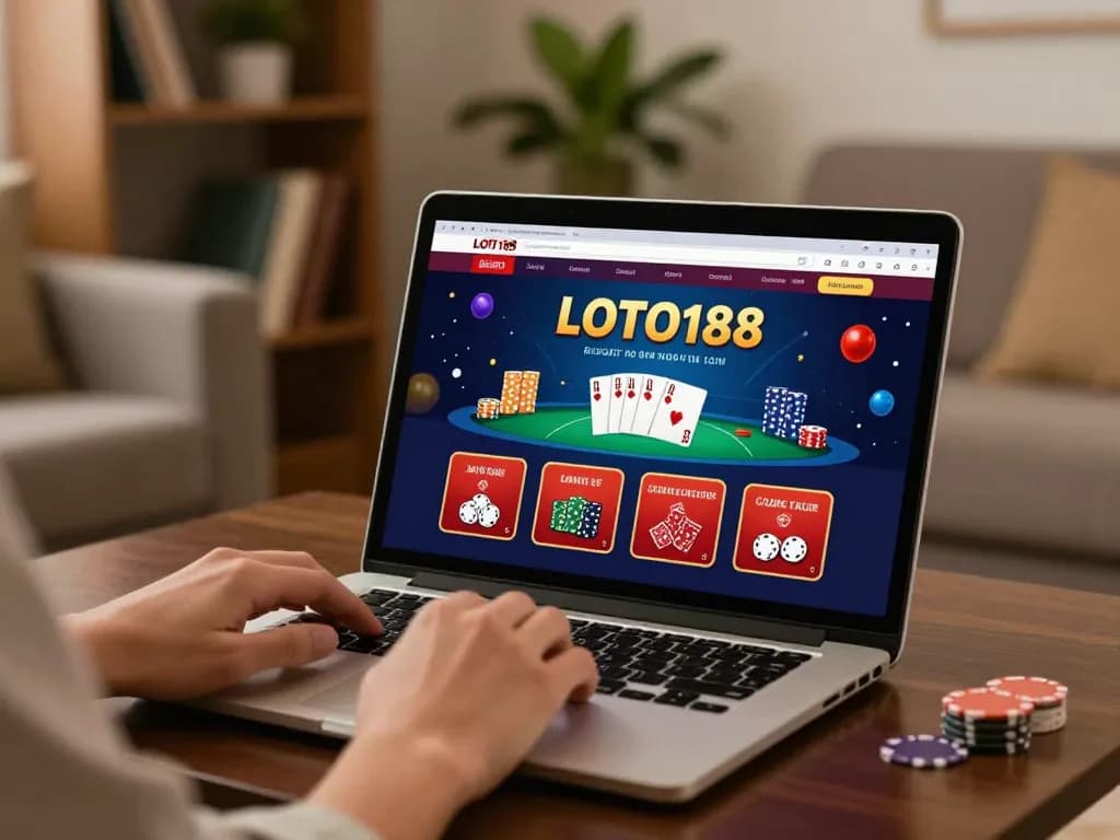 LOT018 online gaming experience at home, enjoying a poker game on a laptop with cozy ambiance.