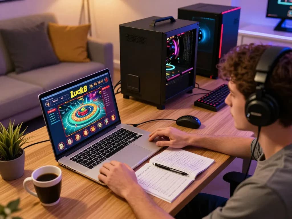 Luck8 user engaging in online casino gameplay at a modern home setup