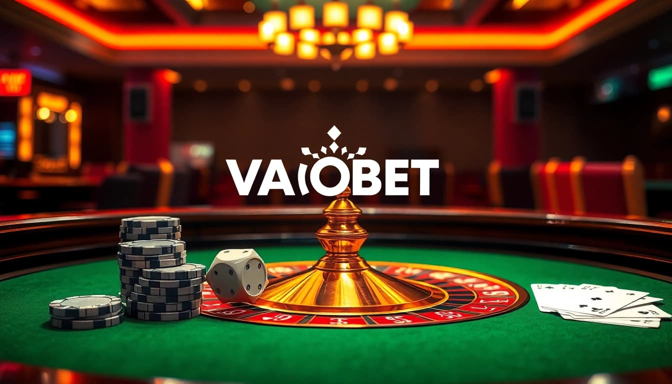 Experience thrilling gaming with VAOBET at this luxurious roulette table featuring vibrant poker chips and cards.