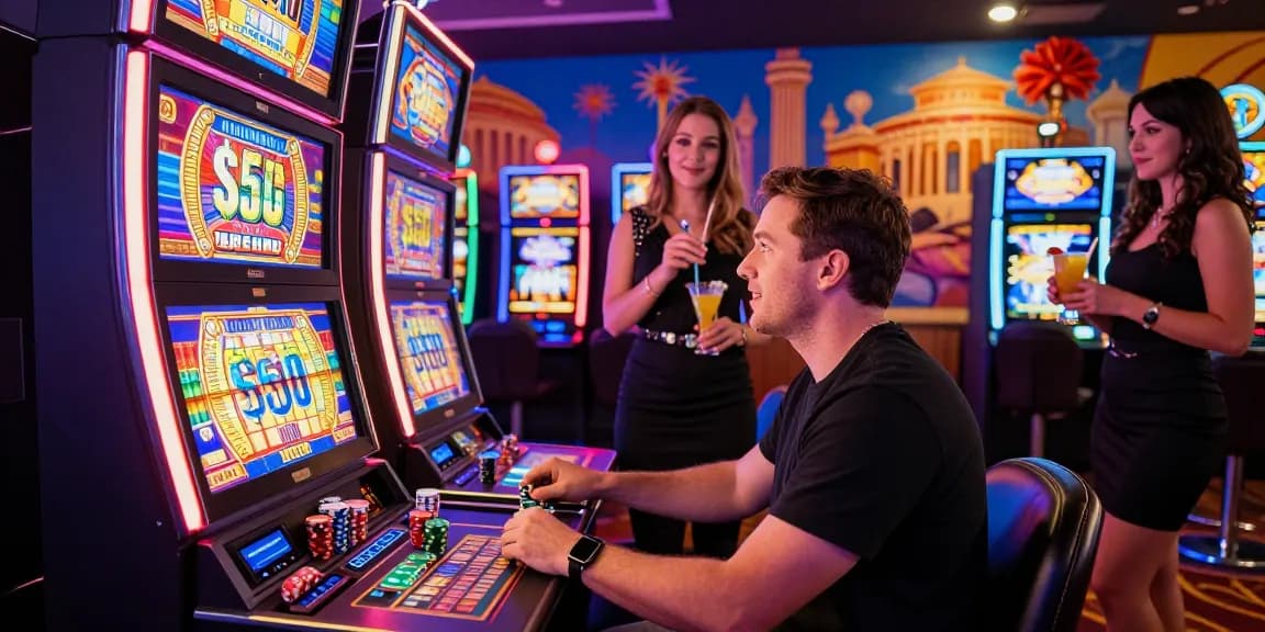 Excited player at a $5,000 slot 5000 machine in a vibrant casino environment