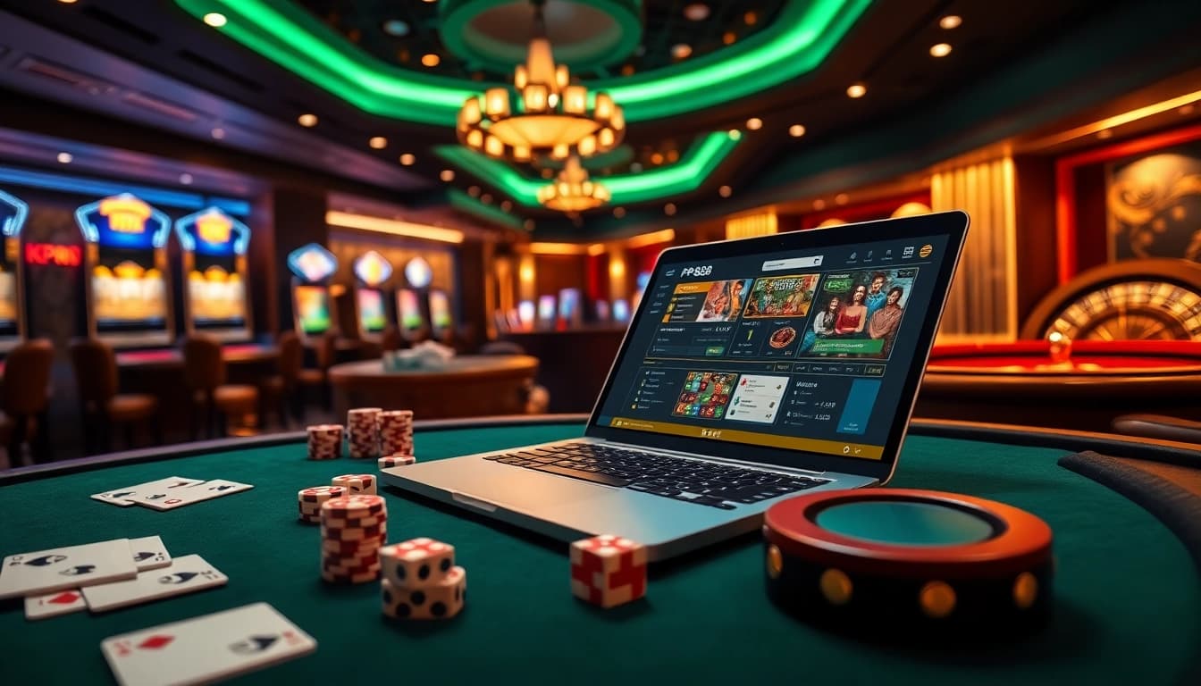 Engage in thrilling gaming at kp88 with vibrant casino scenes filled with poker chips and roulette wheels.